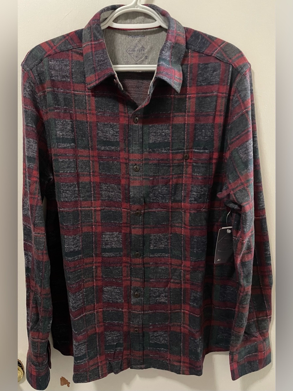 Flag & Anthem MadeFlex Men’s Charcoal Red Button Up Plaid Flannel Shirt Medium M